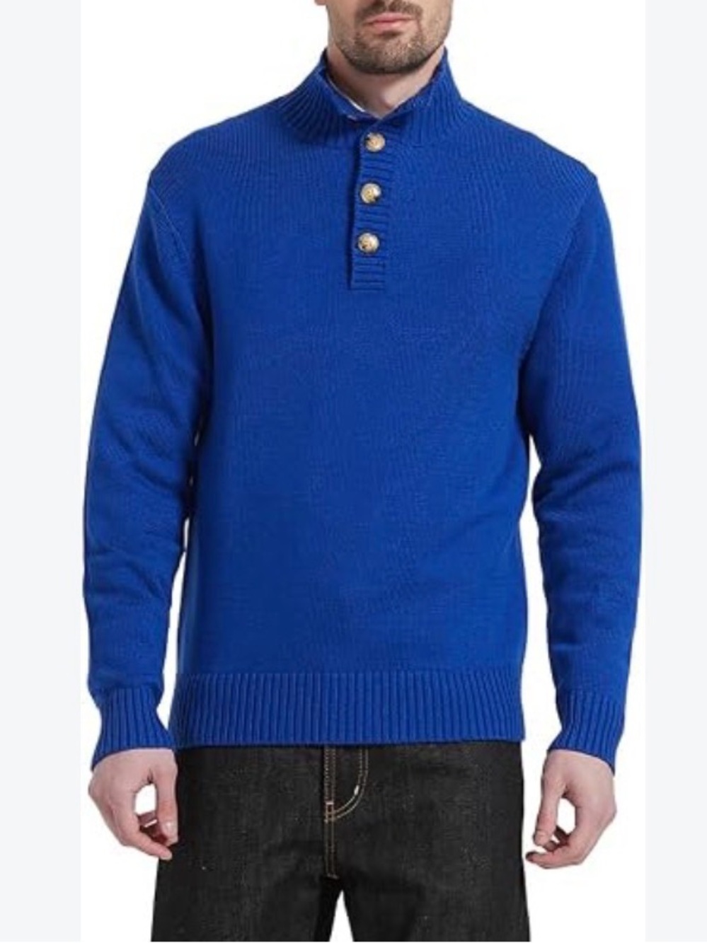 Men's Royal Blue Button-Neck Knit Sweater